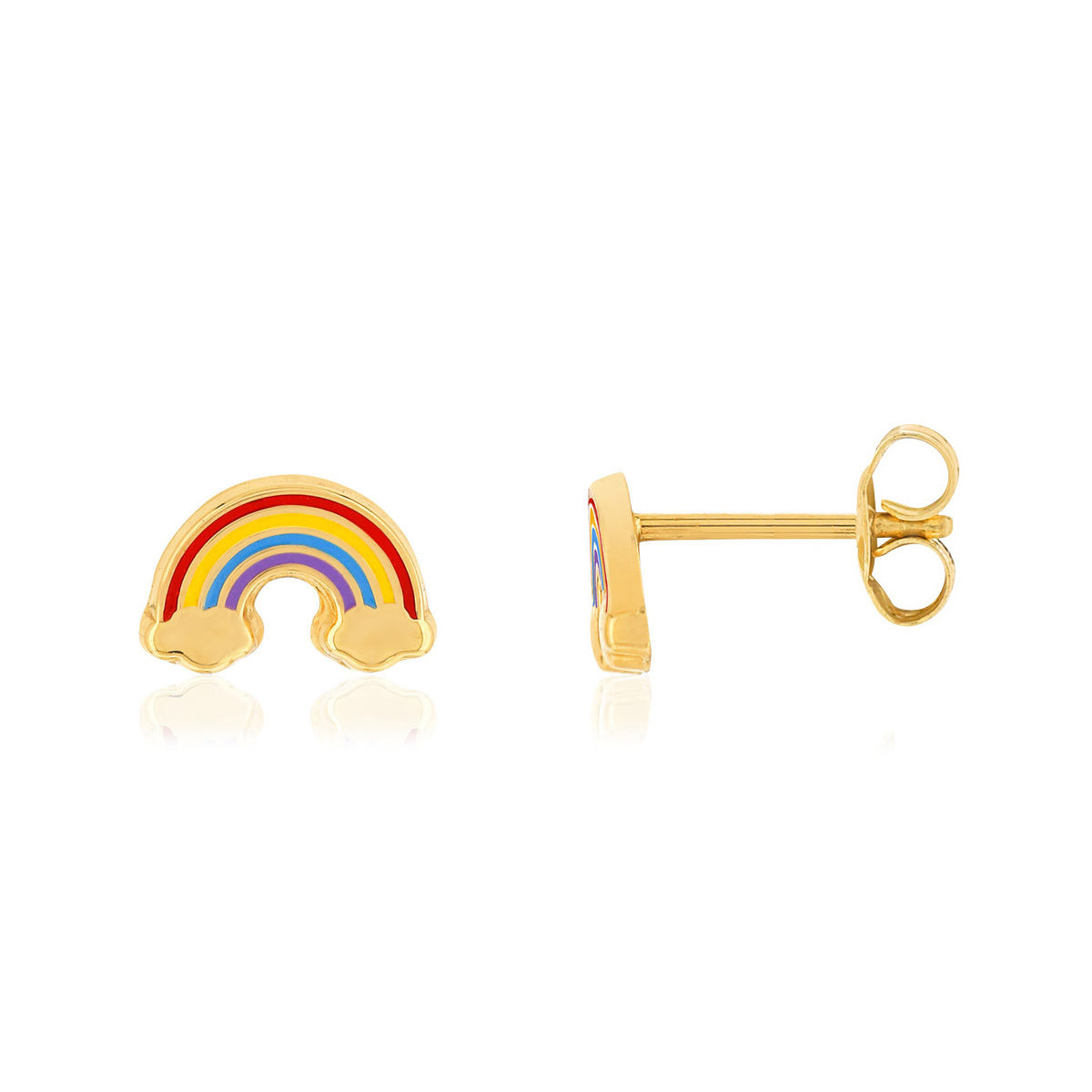 Boucles d'oreilles or jaune 375, laque. Motif arc-en-ciel.