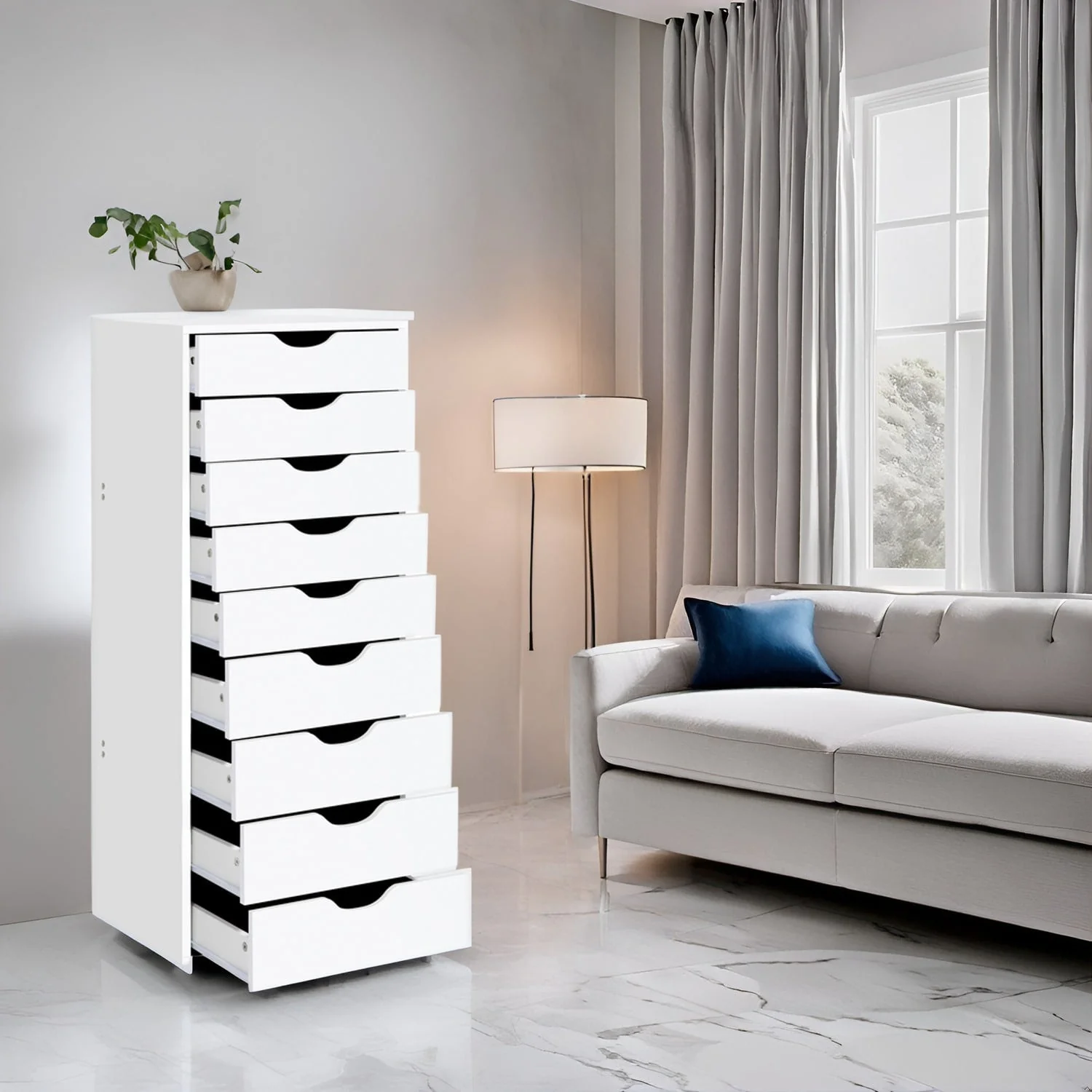 Narrow Wooden 9-Drawer Cabinet with Smooth-Glide Drawers and Top Storage Shelf