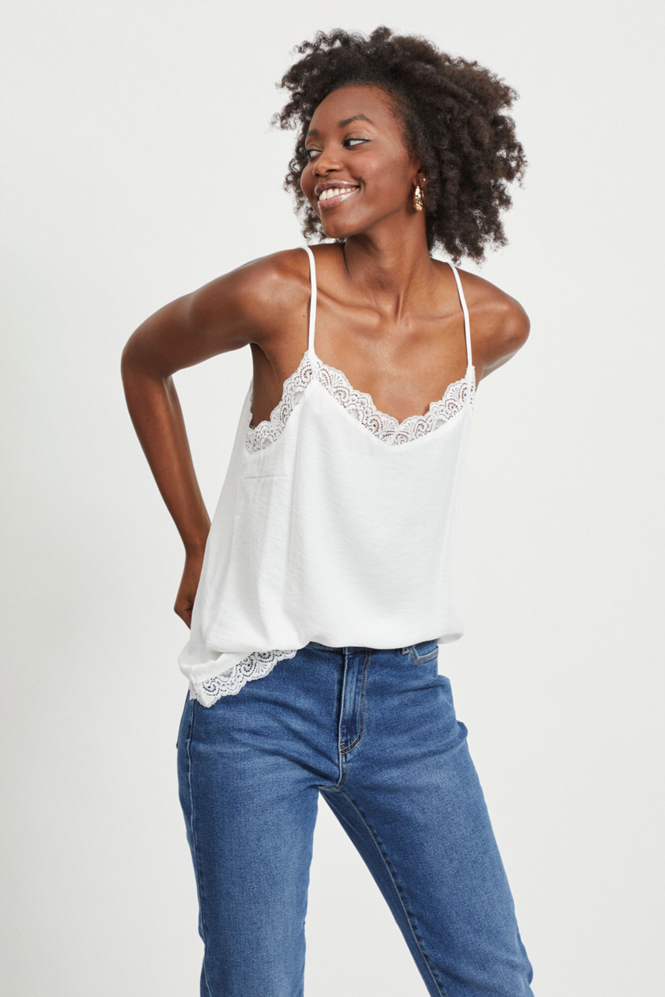 Top feminino de alças finas com detalhes em renda - Branco