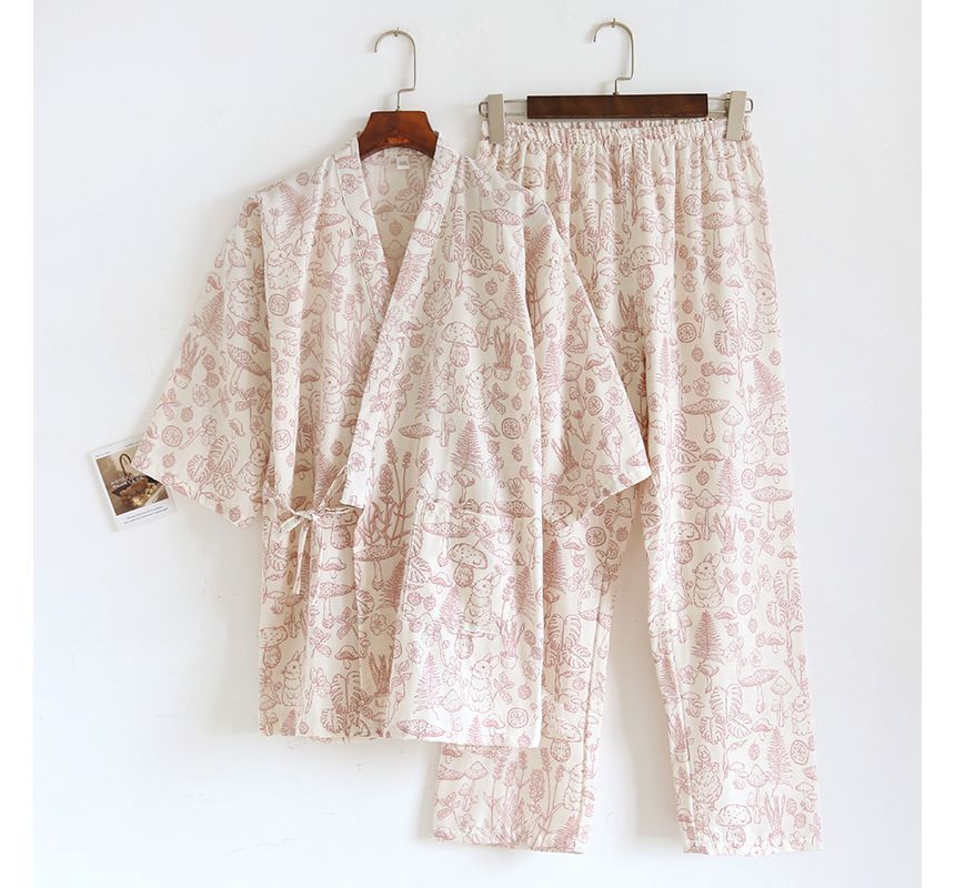 Dogini - Kimono pyjamatop / badjas / broek / set met elleboogmouwen en paddenstoelenprint