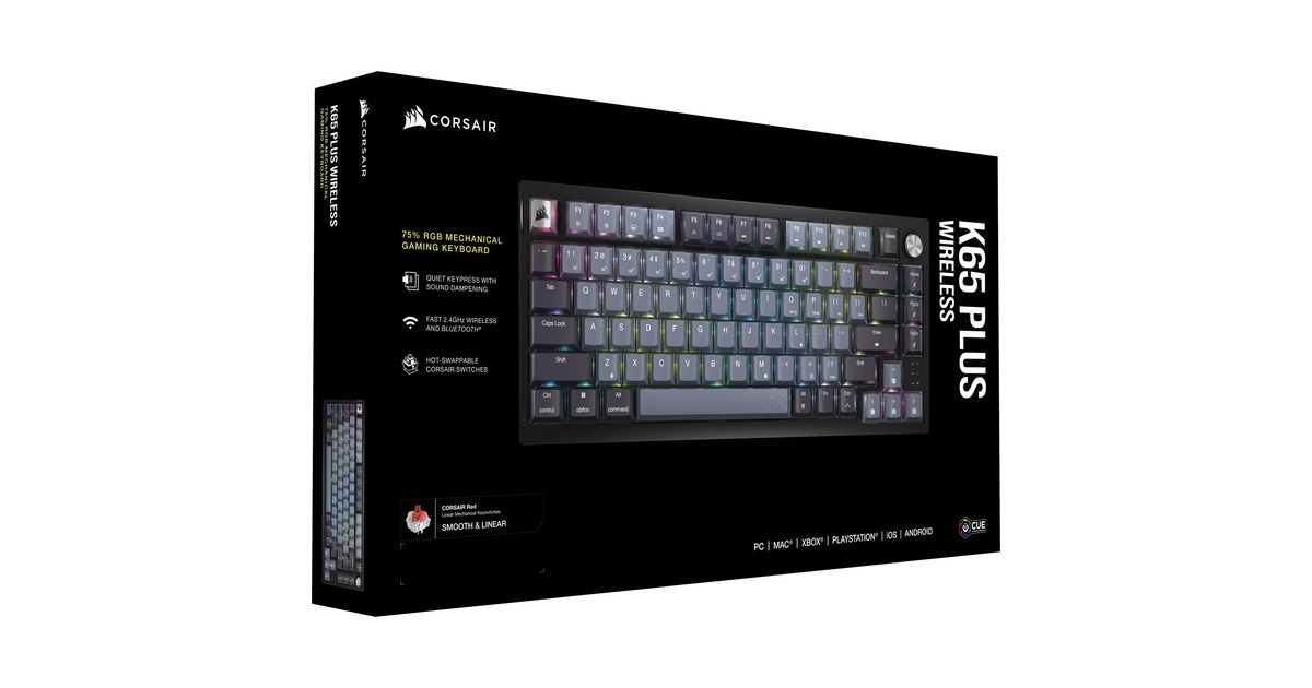 CorsairK65 Plus Wireless, gaming toetsenbord  (Zwart/grijs, US lay-out, Corsair Red, RGB leds, 75%, PBT double-shot)