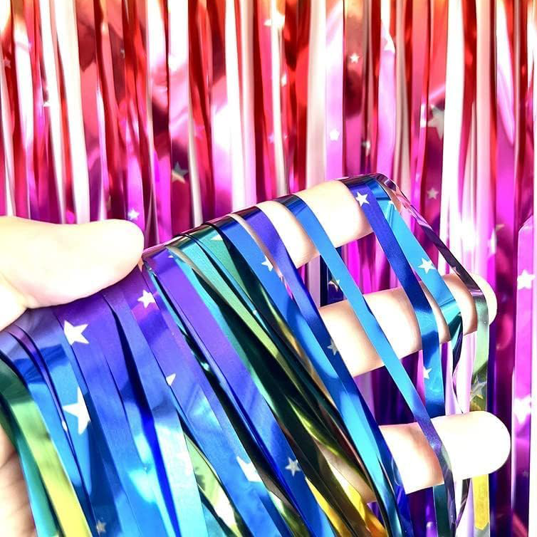 (4er Set) 2x1m Party Deko Lametta Glänzender Fransen Vorhang Dekoration Foto Hintergrund im Stern Design - Regenbogen