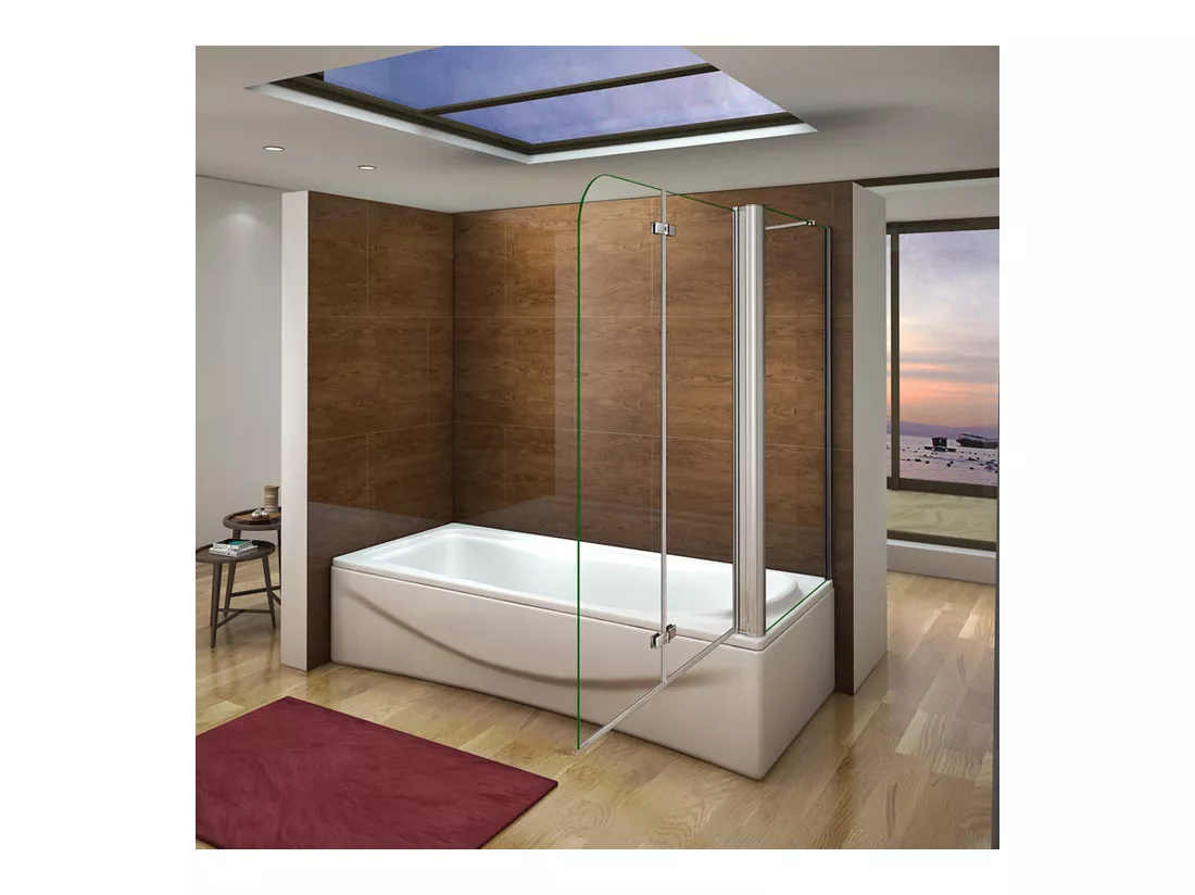Pare-baignoire pivotant et pliant 110x140cm avec paroi fixe 70x140cm, paroi de baignoire en 6mm verre de sécurité
