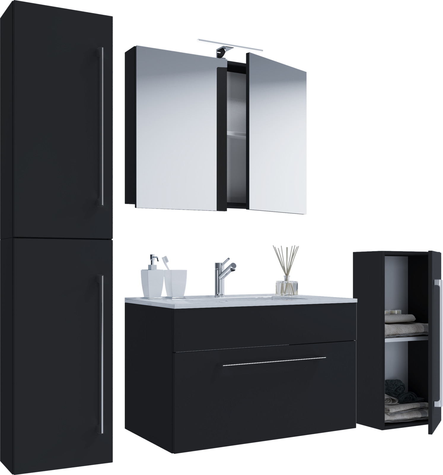 5-teiliges Badmöbel-Set BADINOS - schwarz - mit Spiegelschrank - 60 cm
