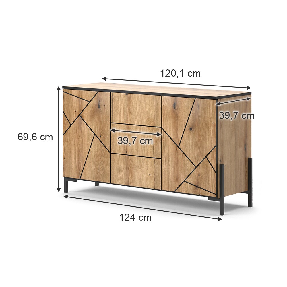 Vicco Sideboard Hatto, Eiche Evoke, 124 x 96,9 cm, mit 2 Türen, Wohnzimmer, Schlafzimmer