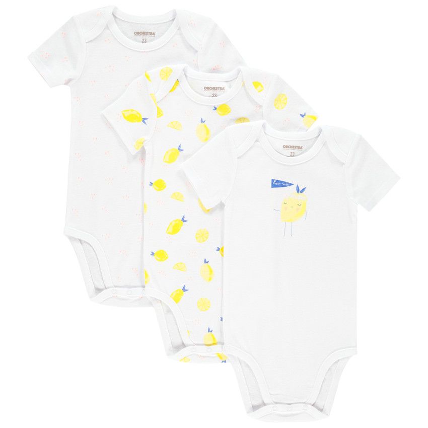 Lot de 3 bodies manches courtes en coton print citron - Blanc