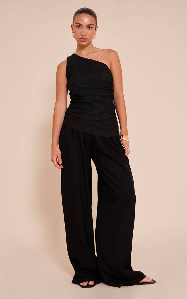 Noir Haut Froncé Asymétrique À Une Épaule En Crochet Texturé