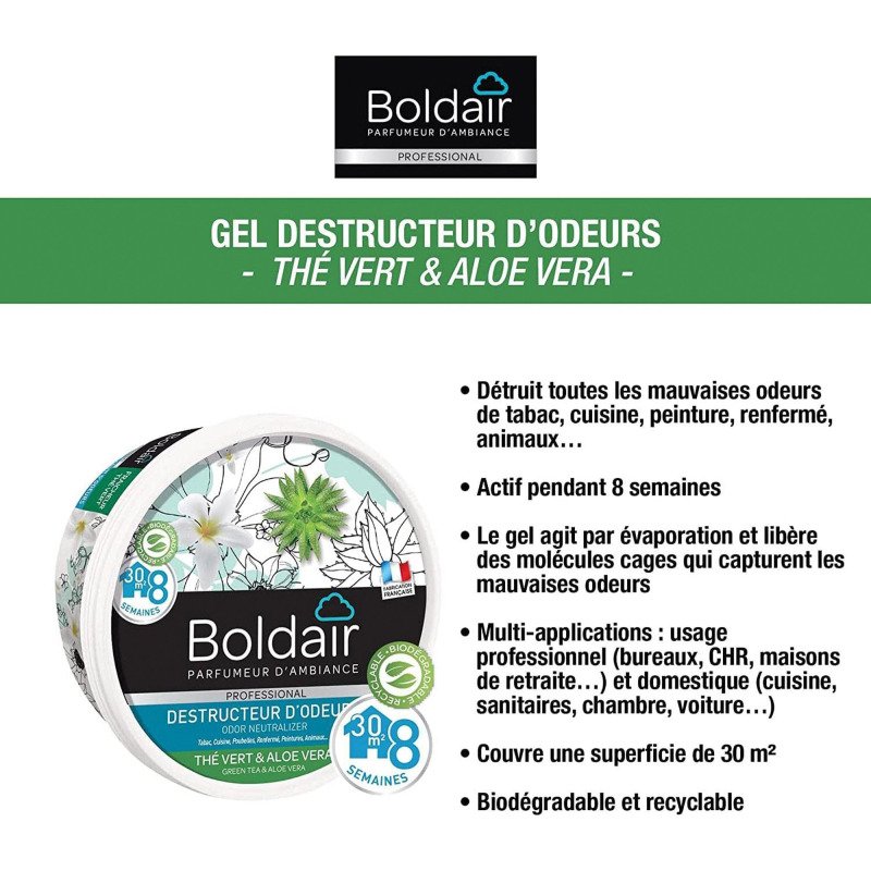 Désodorisant gel Boldair destructeur d'odeurs thé vert Aloe Vera- Boîte de 300 g