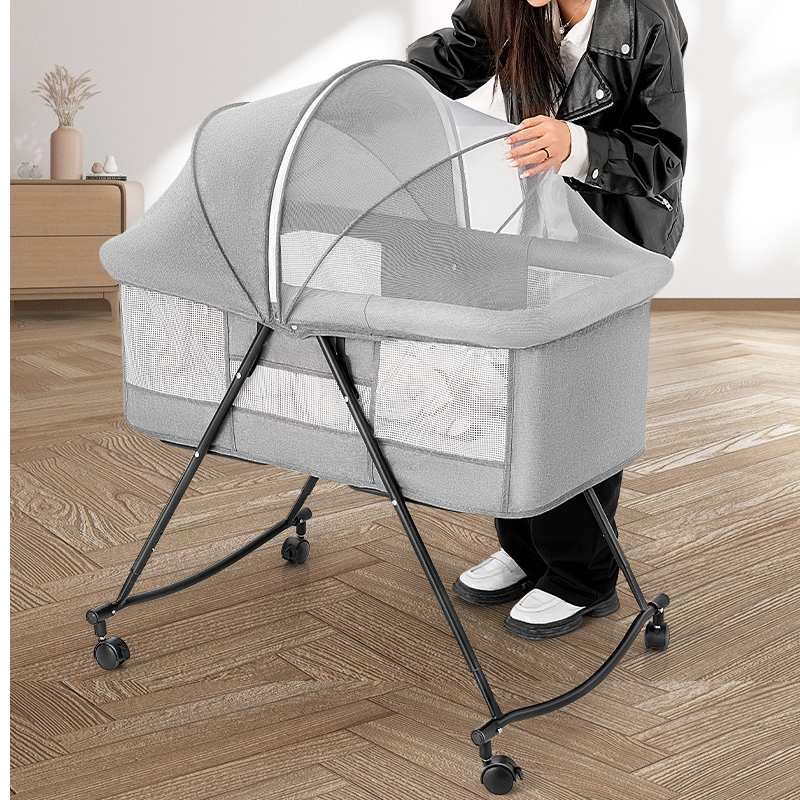 (93x112cm) Klappbares Baby Beistellbett Kinder Reise Bett Stubenwagen mit Rollen   Moskitonetz - Grau