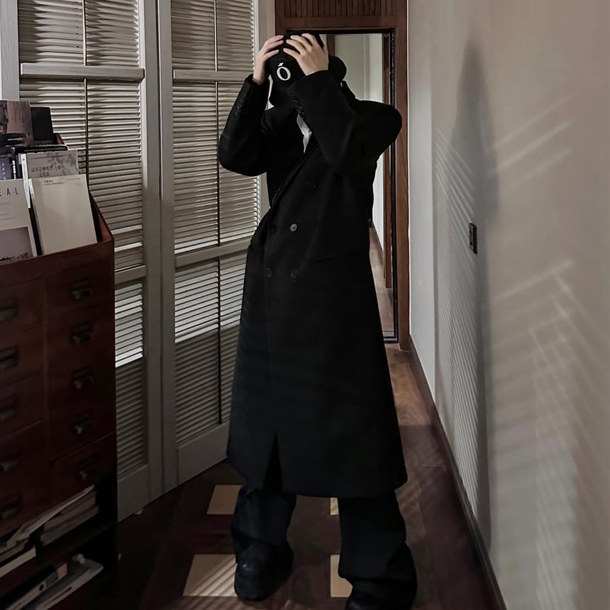 DragonRoad - Peak Lapel Plain Midi Double Breasted Coat