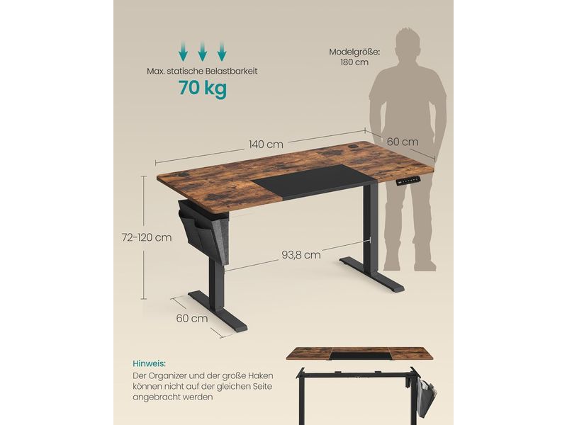 Songmics Bürotisch 140 x 60 cm Elektrischer Steh-Sitz-Schreibtisch