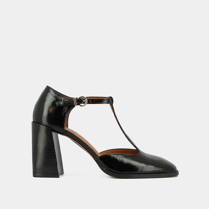 Salomés à talons hauts et bouts carrés a...  en cuir brillant noir