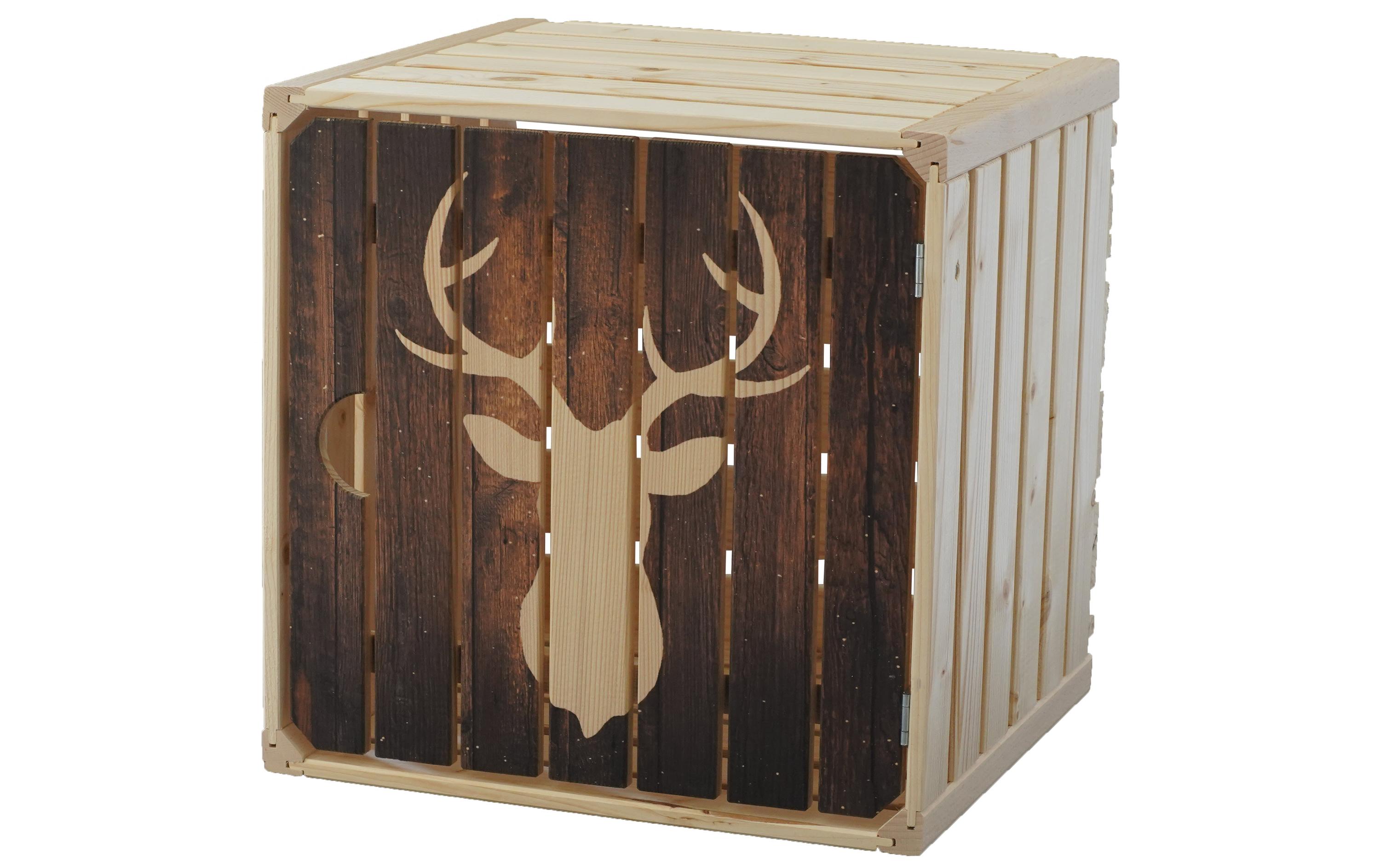 Holzharasse Hirsch mit Tür, 35 x 35 cmHarasse aus schweizer Holz