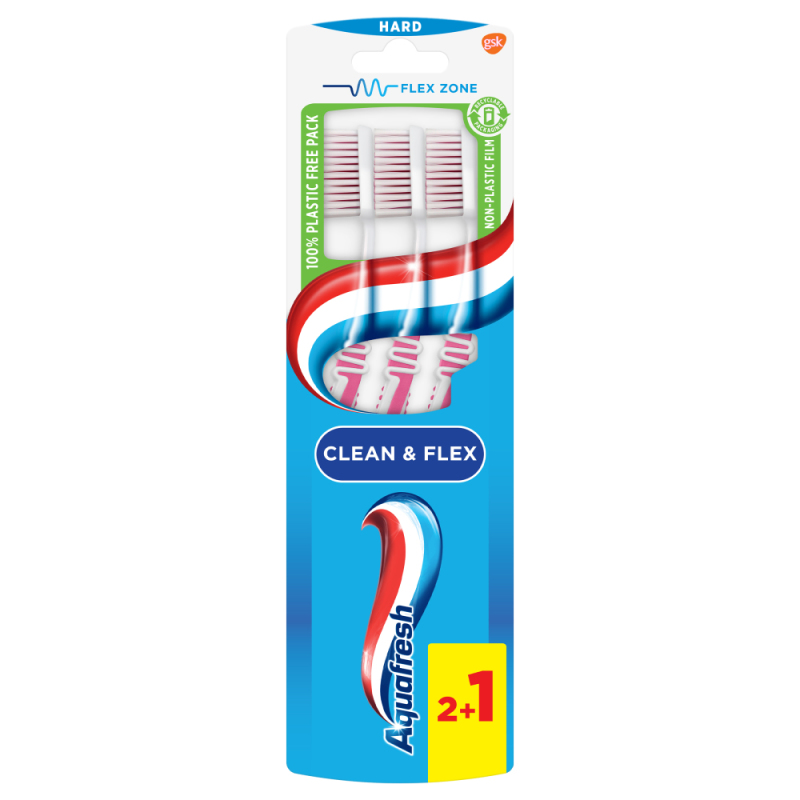 Aquafresh Clean & Flex Hard Dagelijkse Tandenborstel 2+1 Gratis 3 Borstels