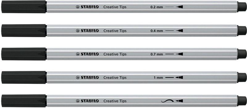 STABILO Creative Tips - Pennenset met diverse puntdiktes – ARTY – Etui met 5 stuks – Zwart
