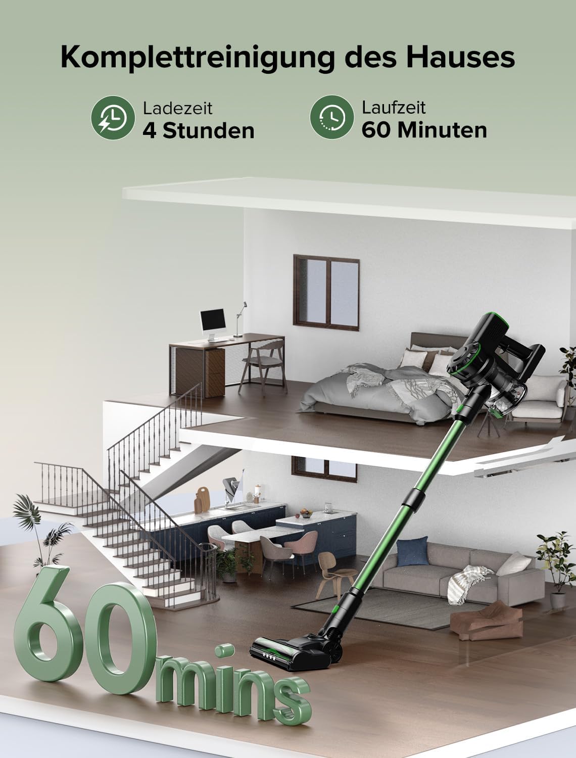 Vexilar Akku Staubsauger, 60Mins/45Kpa/550W Staubsauger Kabellos, Bürstenloser Motor Akkustaubsauger, Selbststehend, LED Display, 6-in-1, Super Leise für Zuhause/Auto Hartböden Teppiche Tierhaare