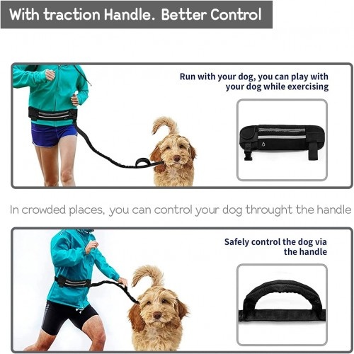 Guia Edipets Reflective Hands-Free Canicross com Bolsa de Cintura Preta para Cães