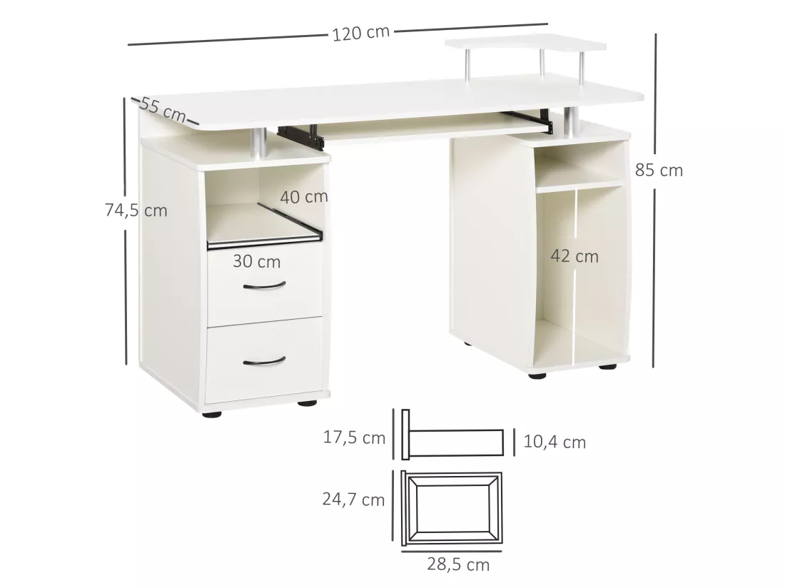 Bureau informatique multimédia multi-rangements 120L x 55l x 85H cm panneaux particules blanc