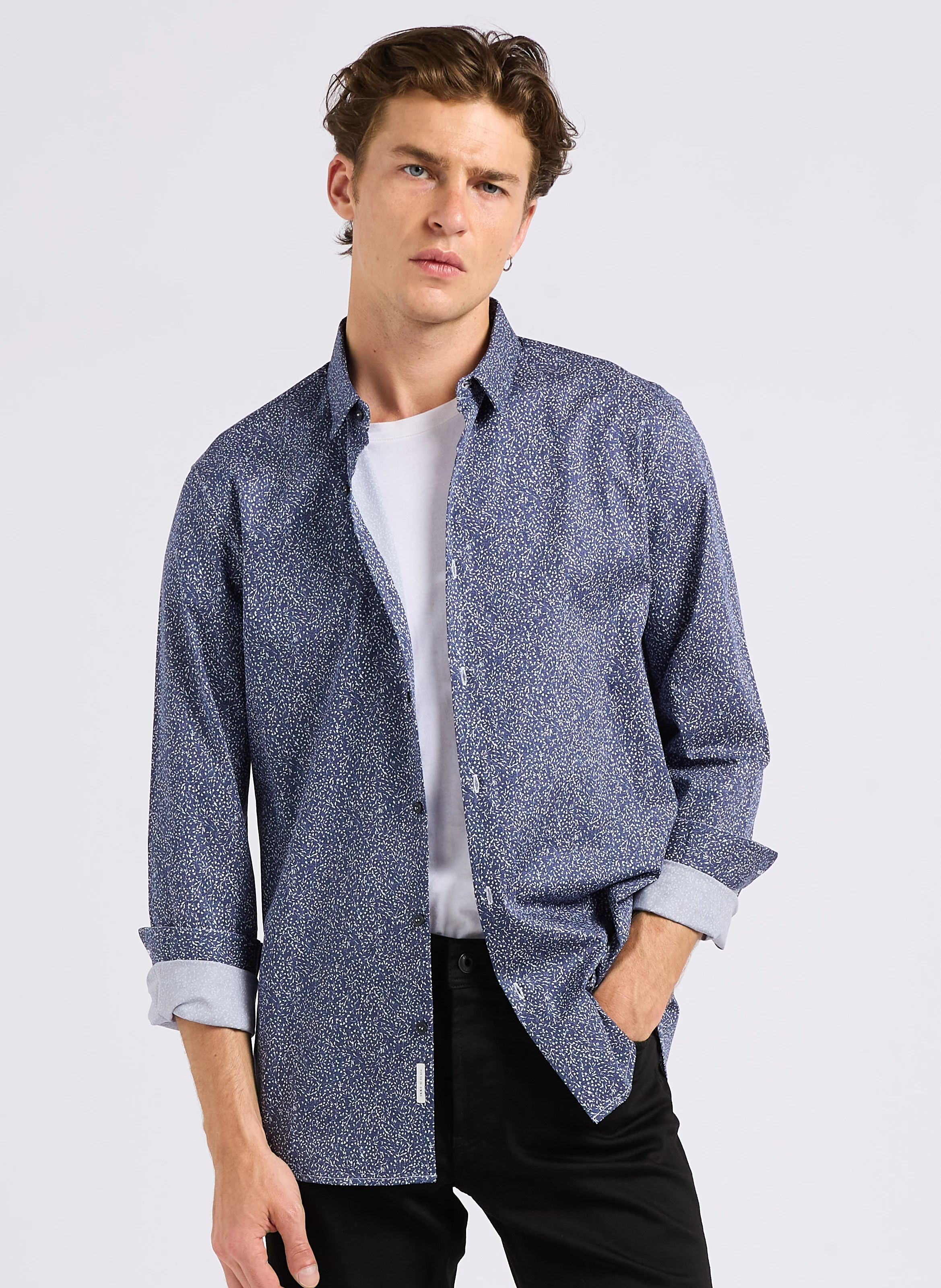 Chemise slim-fit en coton imprimée | Bleu