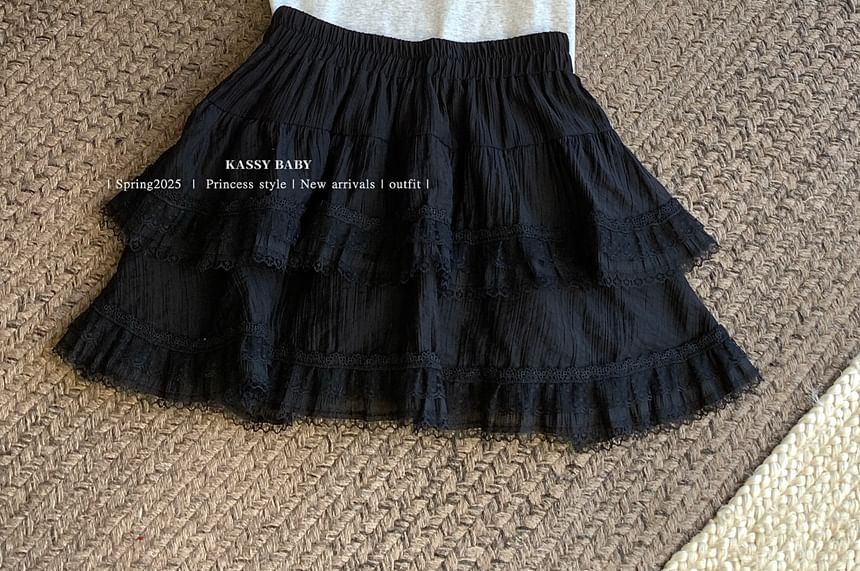Closette - Hoge taille effen ruche paneel kant mini A-lijn rok