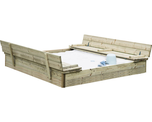Zandbak met deksel, 160 x 160 x 21 cm, hout, inclusief deksel en bankjes.