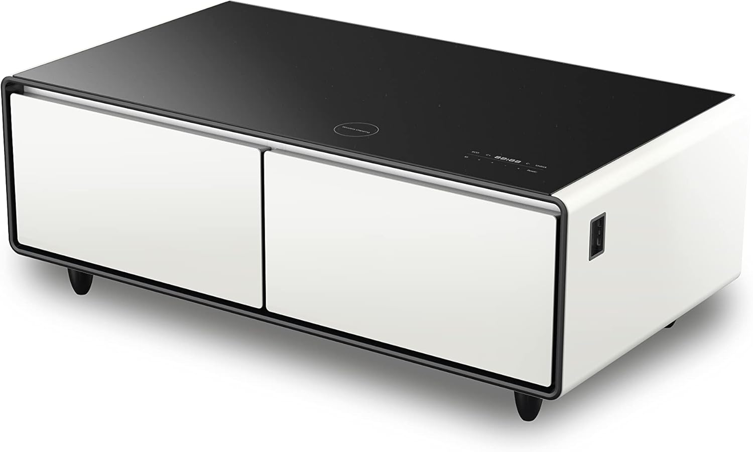 CASO Sound & Cool White, Soundbar und Lounge-Tisch mit Lademöglichkeiten, Bluetooth, USB, klangvoller Sound, LED-Beleuchtung, Zwei Kühlfächer (insg. 135 l), individuell einstellbarer Temperatur