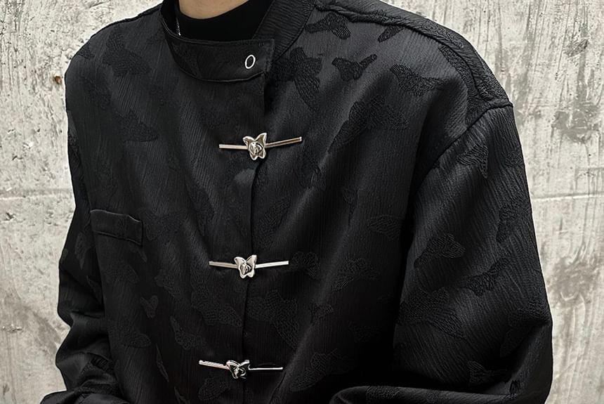 Adotuastic - Overhemd met lange mouwen, bandkraag en vlindermotief, jacquard