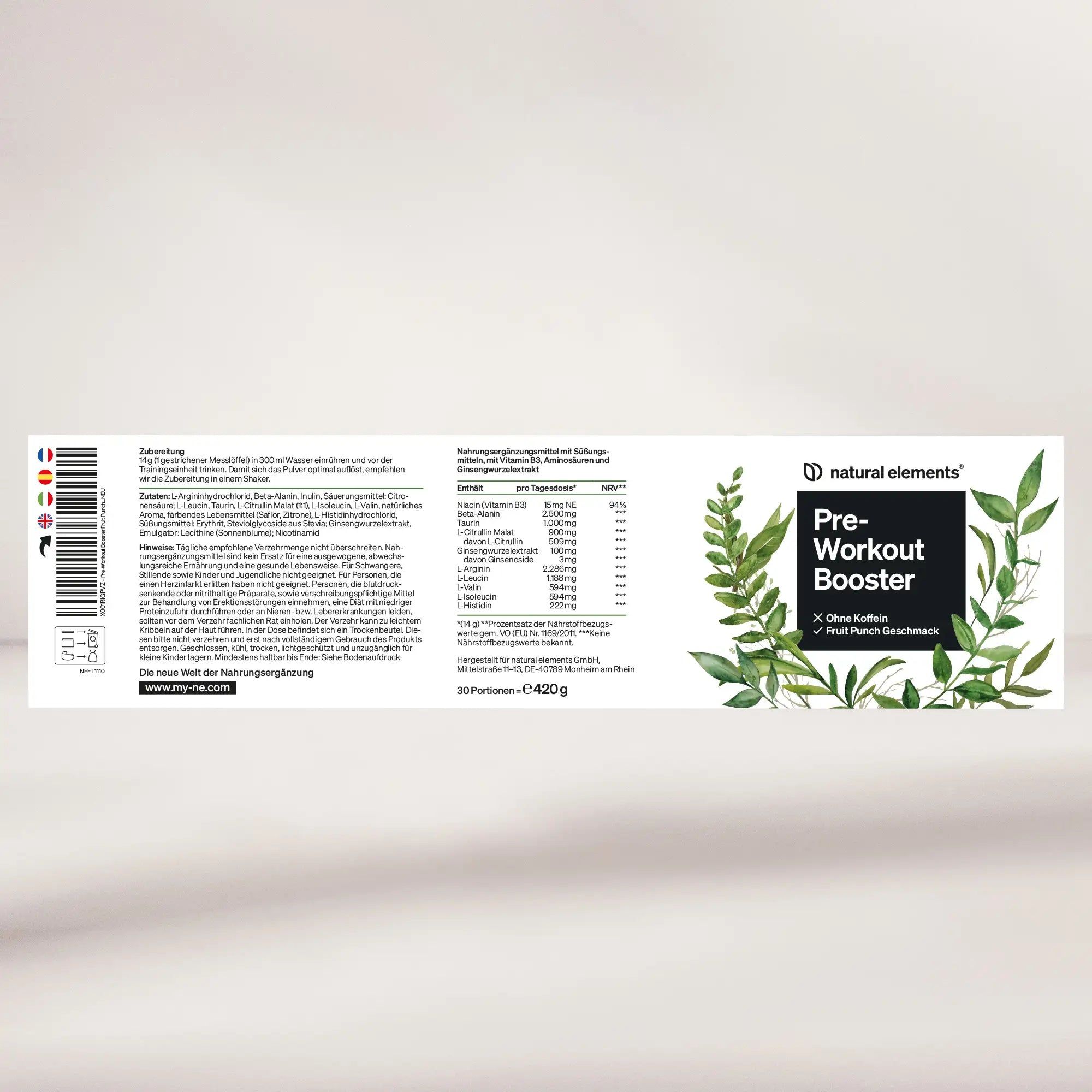 natural elements Pre-Workout Booster ohne Koffein Fruit Punch