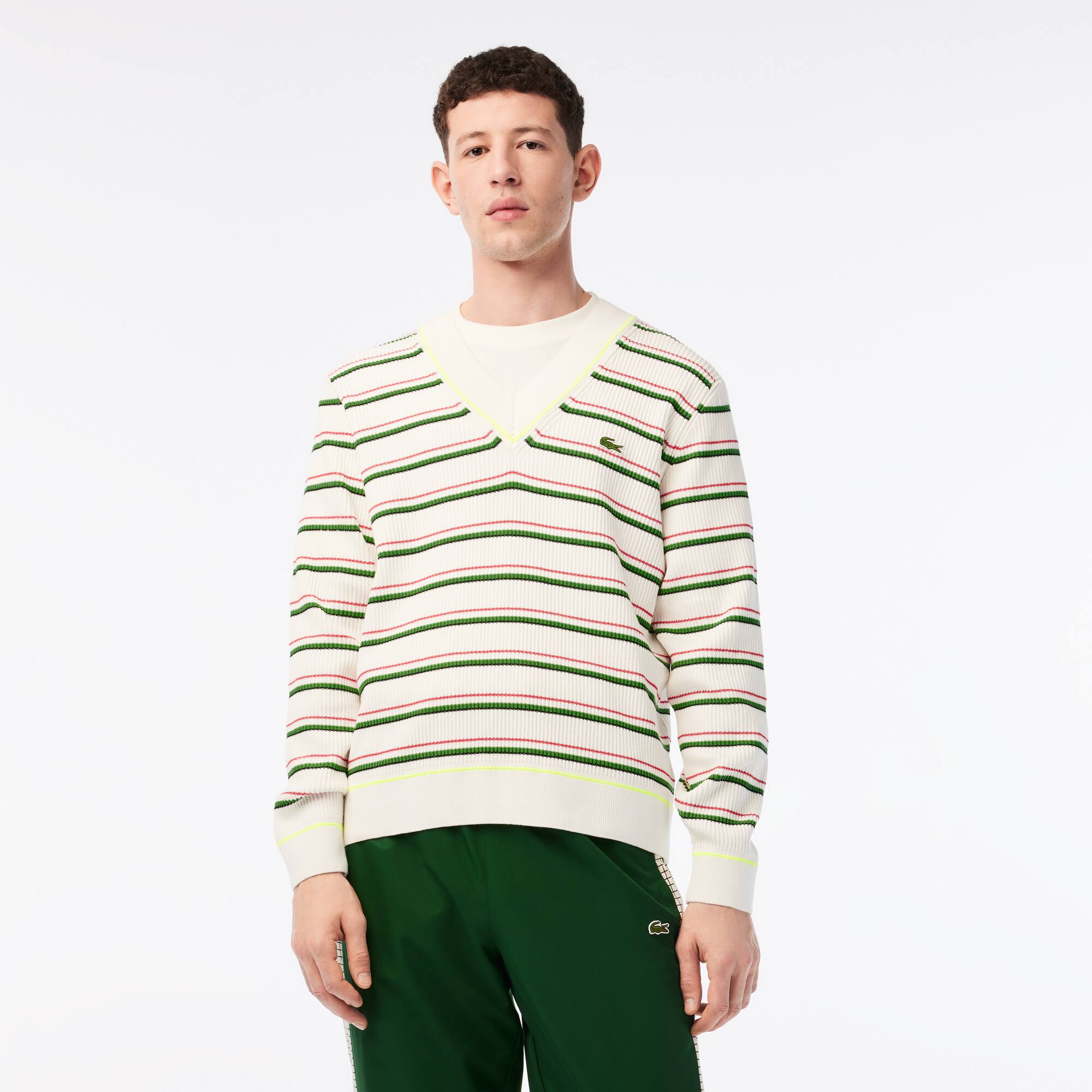 Pull col V homme Lacoste à rayures fabriqué en France Pullovers - Blanc - Lacoste - Homme