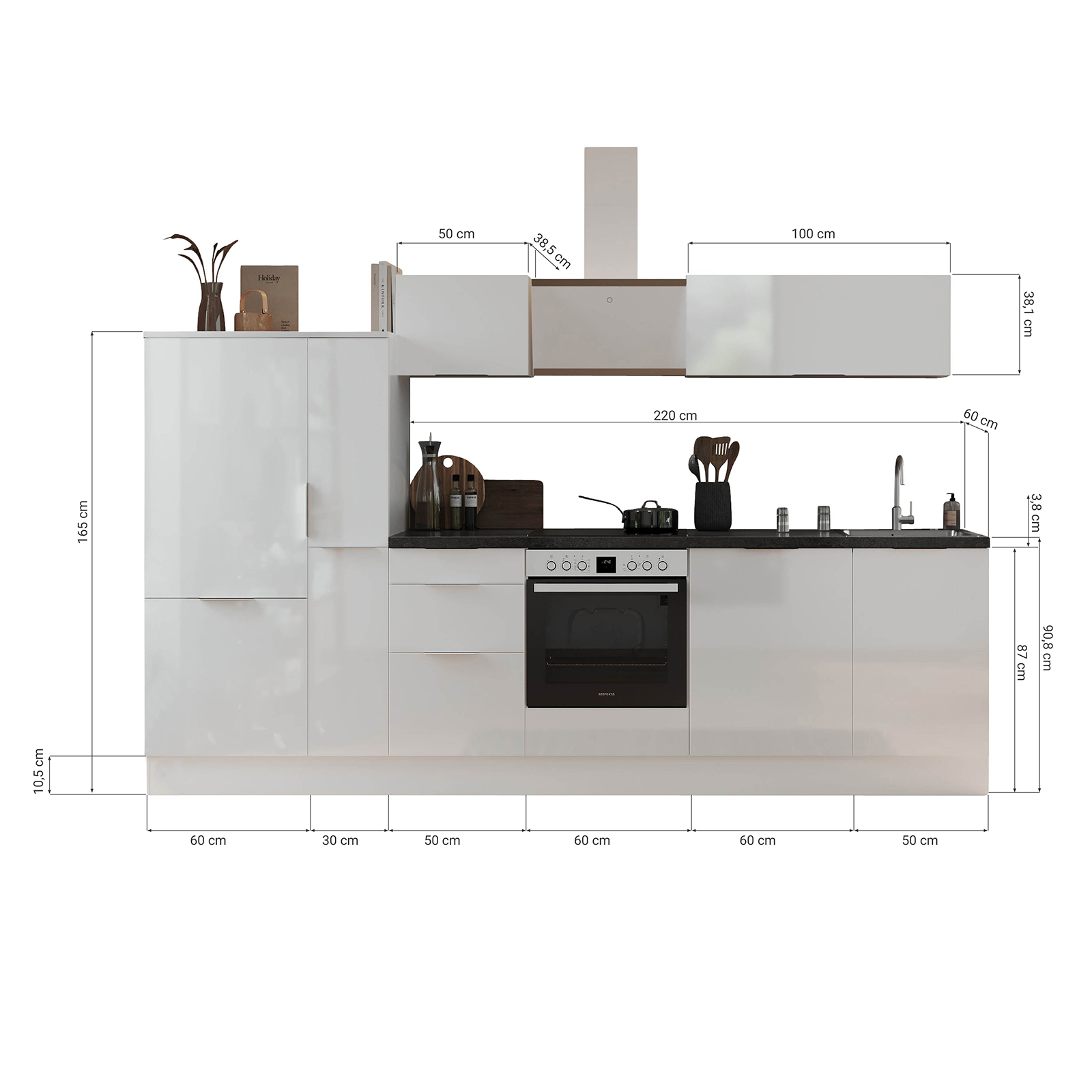 RESPEKTA Küchenblock - grau matt - mit E-Geräten - 310 cm