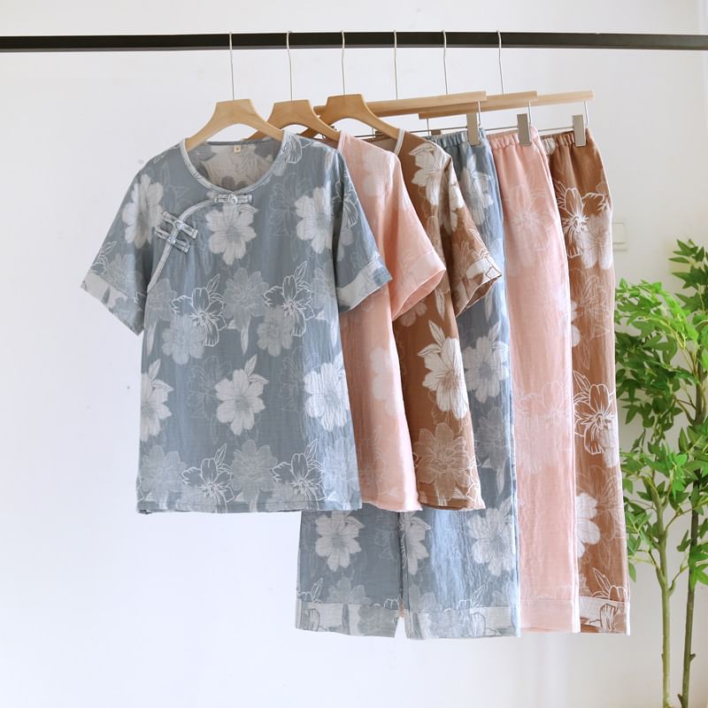 Dogini - Pyjamaset: Top met korte mouwen, ronde hals, bloemenprint en kikkersluiting + elastische tailleband met rechte pijpen