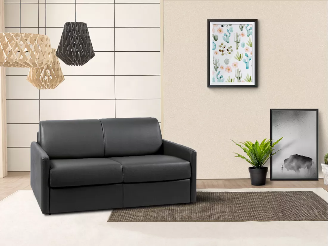 Canapé 2 places convertible express en simili noir - Couchage 120 cm - Matelas 14 cm CALIFE