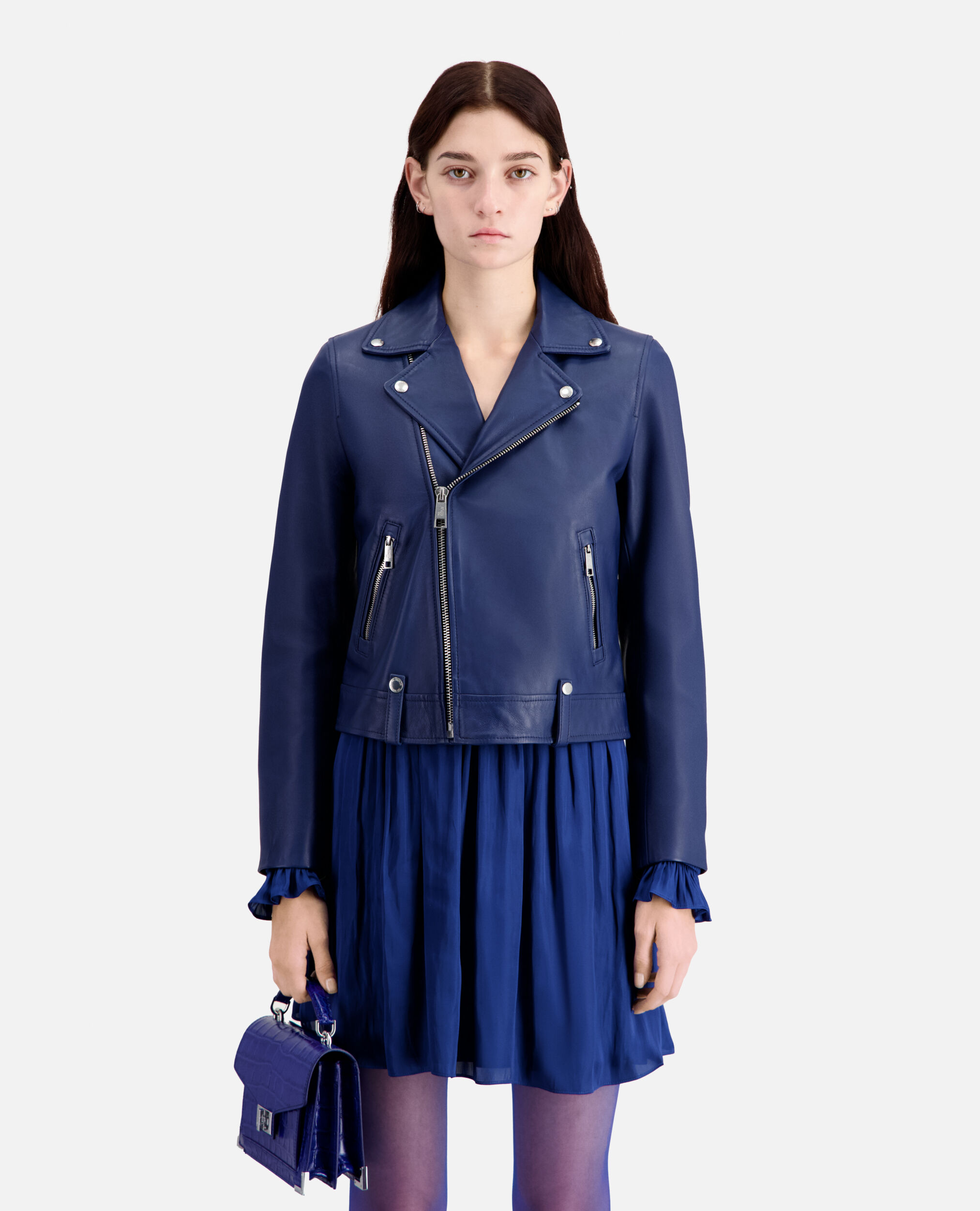 Blue leather biker jacket