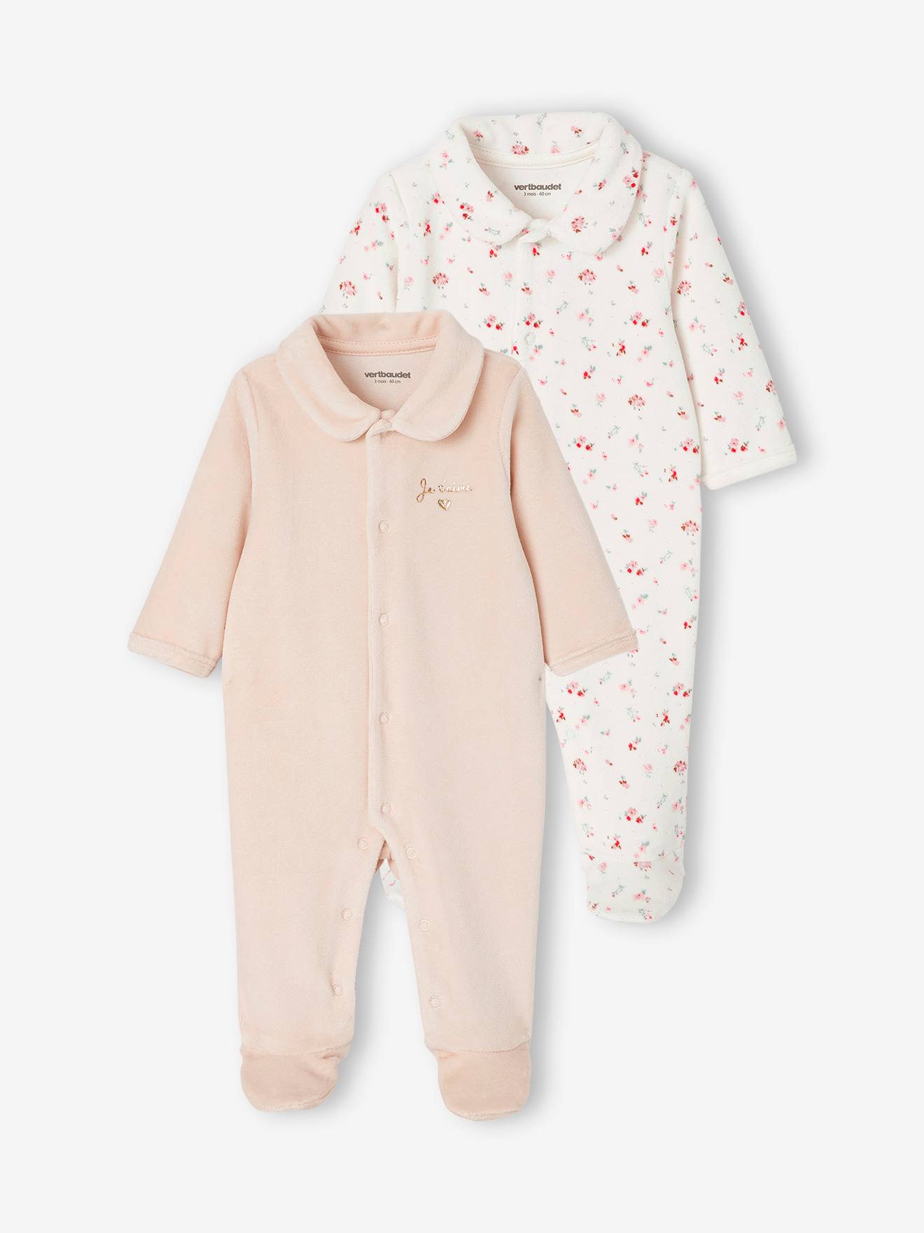 Conjunto de 2 macacões para bebê menina em veludo bicolor rosa médio/multicolorido