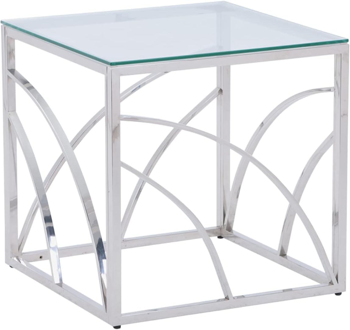 Beistelltische Couchtisch Sofatisch für Wohnzimmer, Schlafzimmer Küche Café und Bar, moderner Kaffeetisch mit Edelstahl Gestell und transparentem Hartglas (quadratisch silbern)