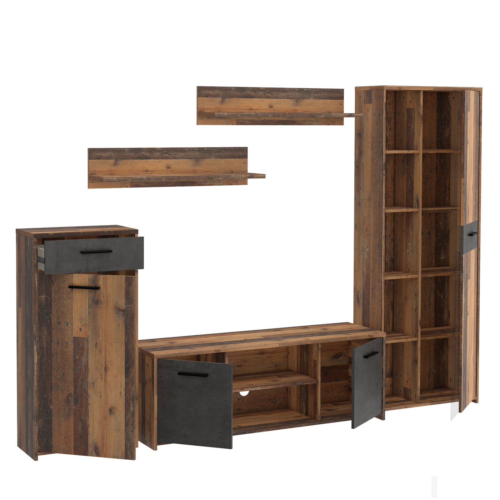 5-teilige Wohnwand - Old Wood Vintage - Betonoptik