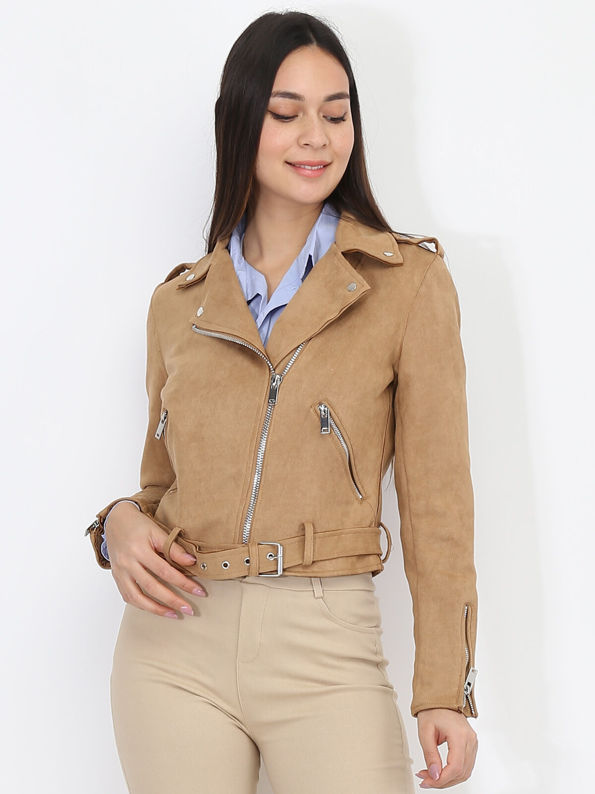 Veste motard en suédine- Camel