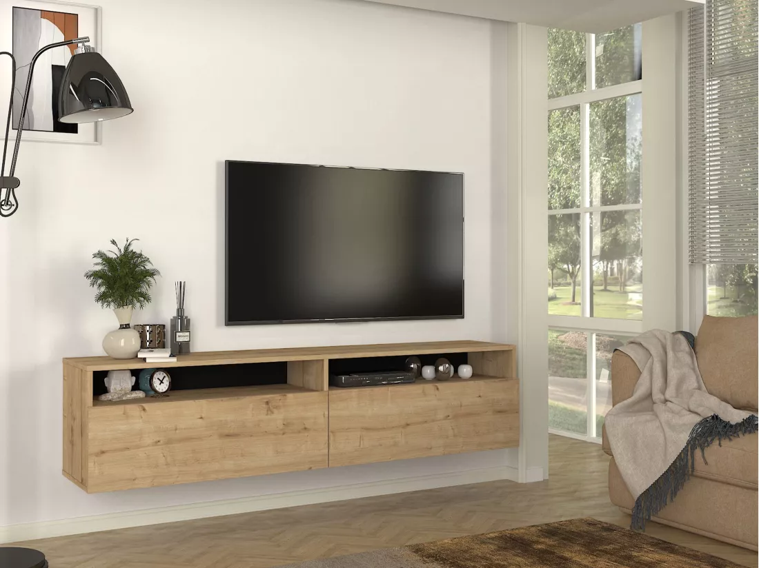 Meuble TV suspendu avec 2 portes et 2 niches - Naturel - KIRIYA