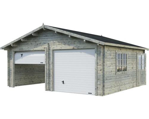 Dubbele garage Palmako Roger, 28,4 m², met sectionaaldeuren 575 x 510 cm, grijs gegrond.