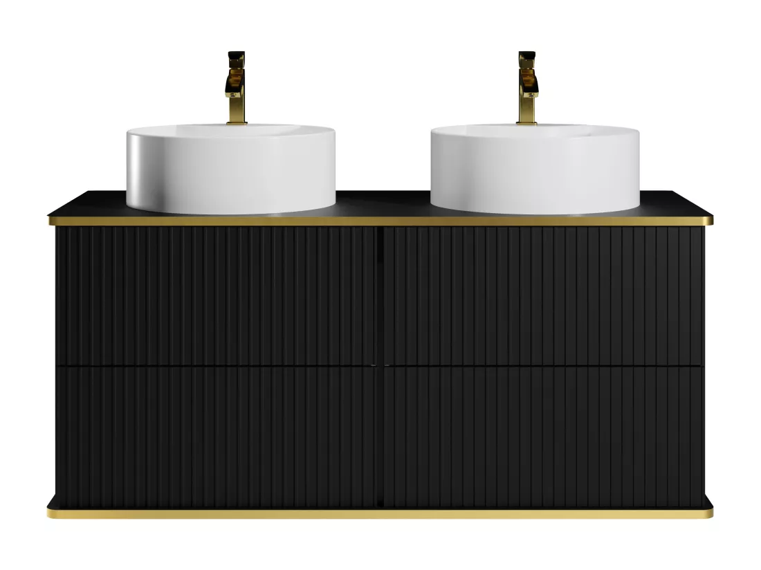 Meuble de salle de bain suspendu strié liseré doré avec double vasque à poser ronde - Noir - 120 cm - KELIZA