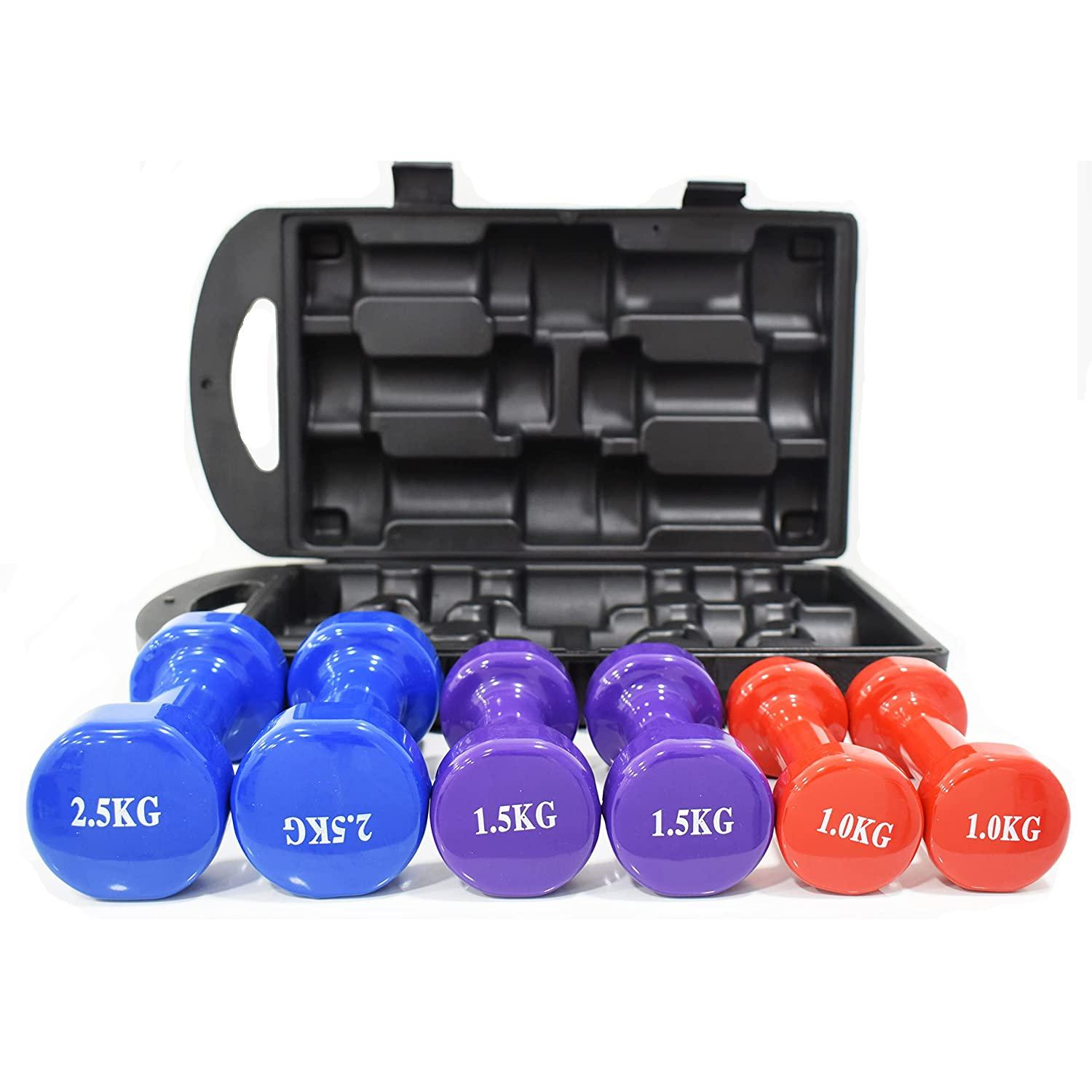 (7-tlg. Set) 10 kg Vinyl Fitness Kurzhanteln Sport Gewichte mit Aufbewahrungskoffer - Bunt