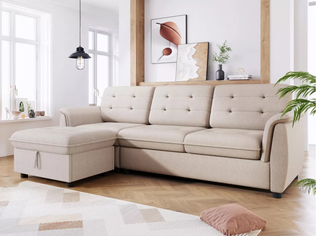Canapé d'angle 3 places - tissu en lin - repose-pieds avec rangement - Beige