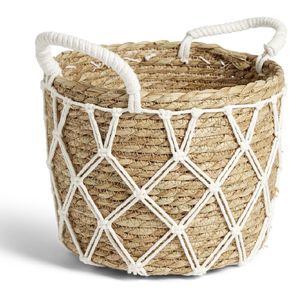 Panière en jacinthe tressée et fil coton blanc Ø25xH20cm