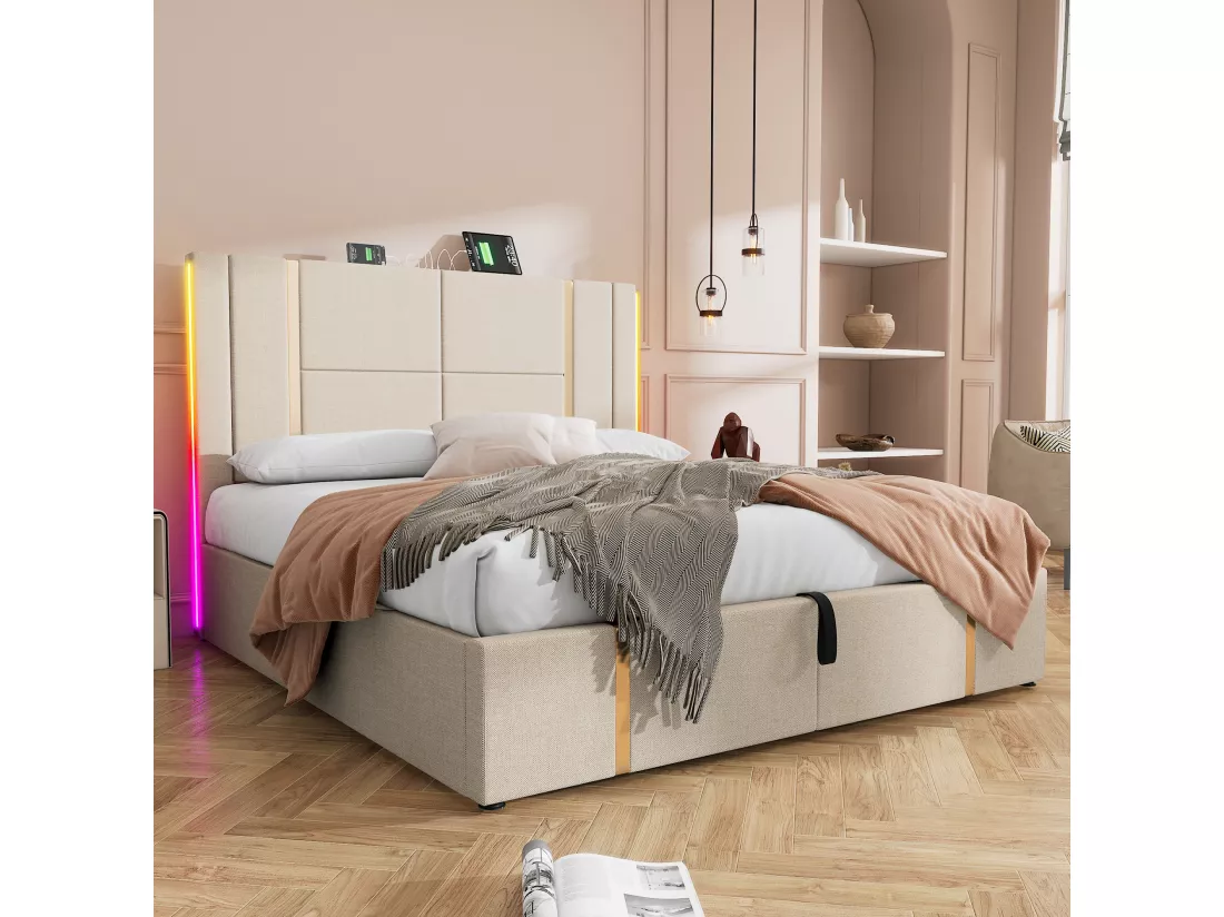 Lit coffre 180 x 200 cm avec tête de lit - Prises USB et Type-C - LEDs - Tissu en lin - Beige (sans matelas)