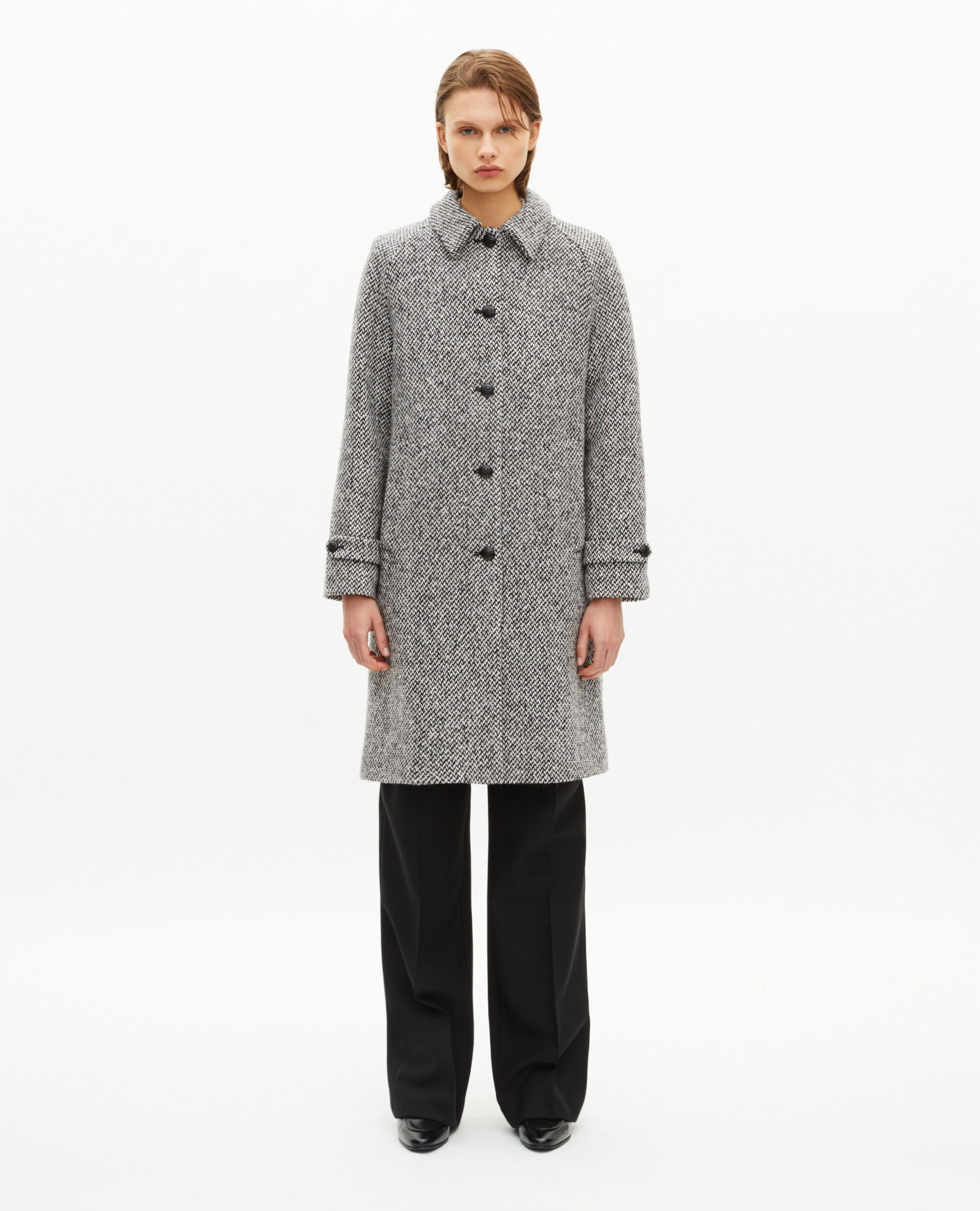 Manteau long en tweed noir et blanc