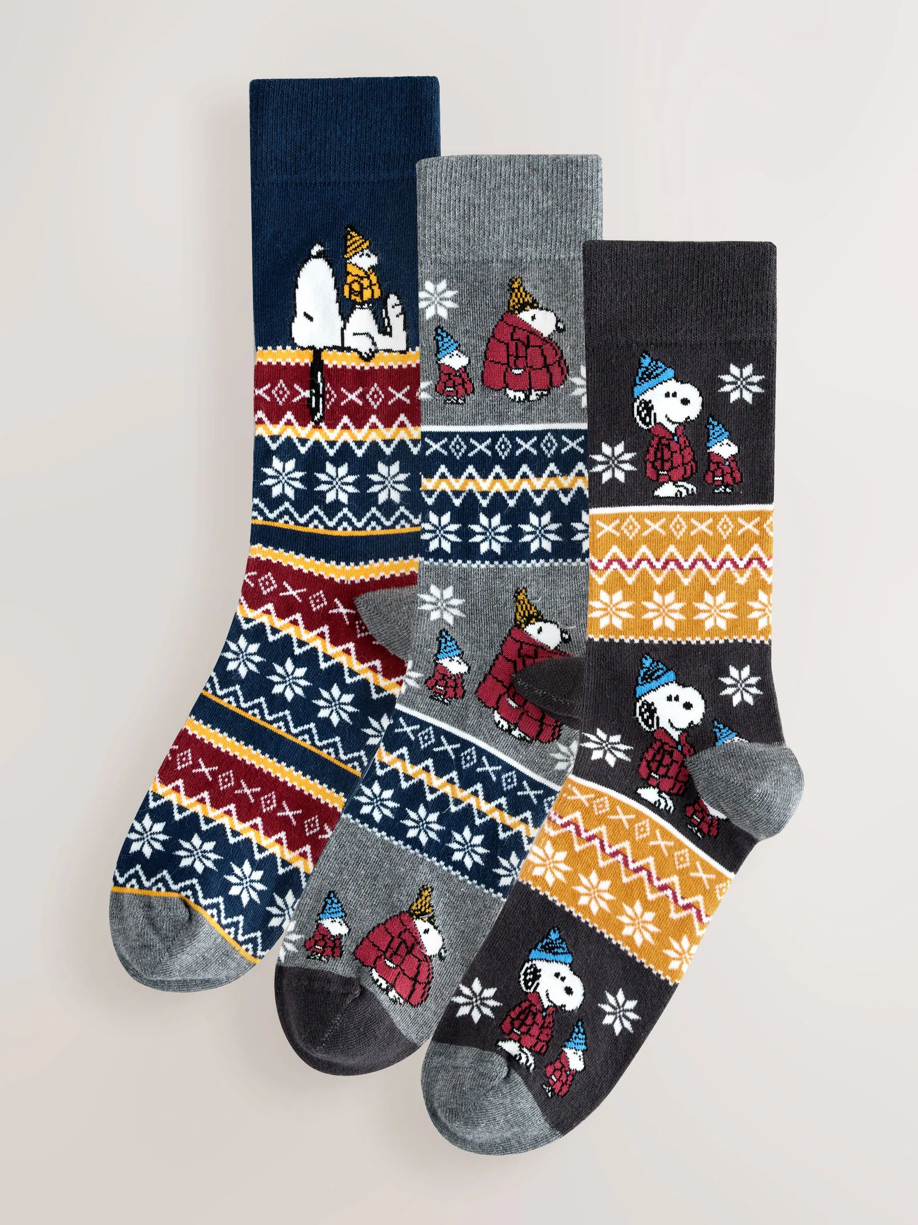 Blauw/grijs - Set van 3 paar zware Snoopy-sokken met Fairisle-motief