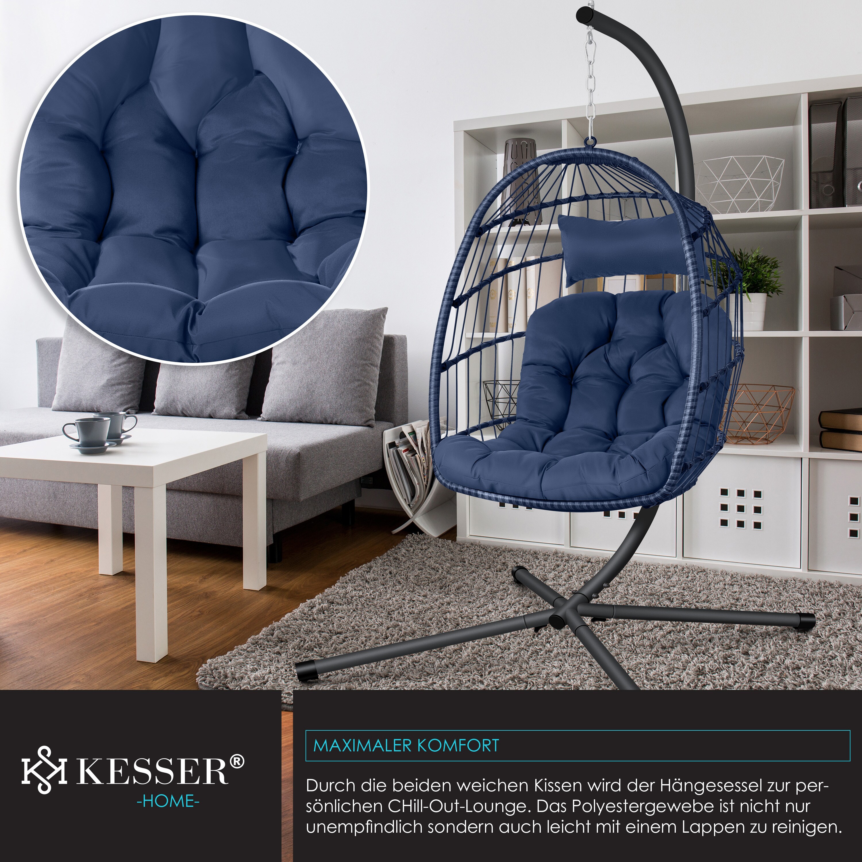 KESSER® Hängesessel Jungle mit Gestell Stahl Hängekorb Sessel Inkl. Großen Kissen + Decken Halterung - Hängeschaukel Hängesitz Indoor - Outdoor Schaukel Hängestuhl für Kinder und Erwachsene