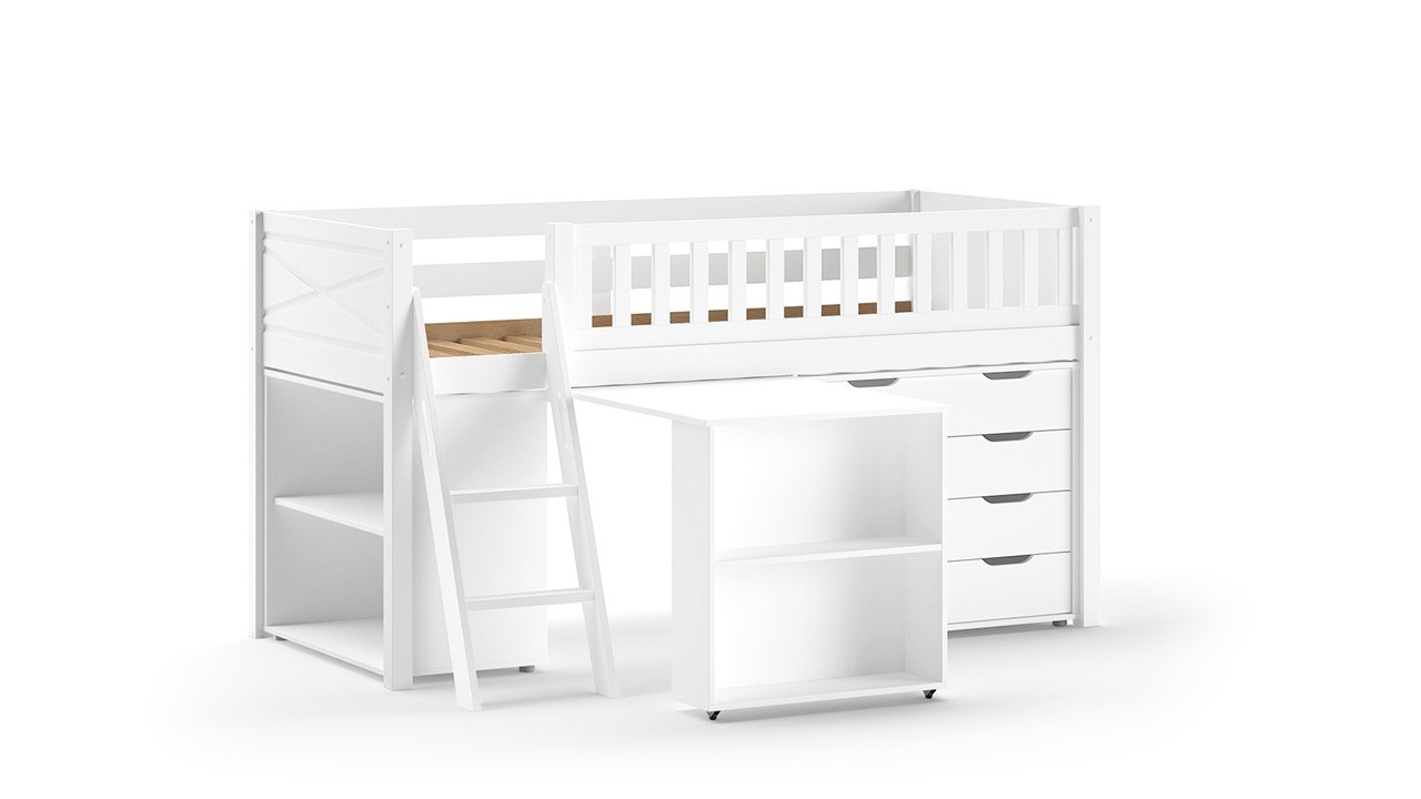 Halfhoogslaper Scott met bureau, boekenkast en commode wit