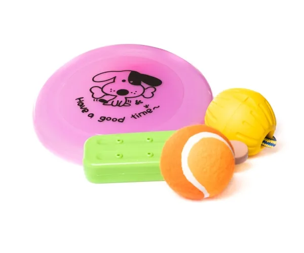 Hundelegetøj mix, 4 stk (frisbee, bold i snor, tennisbold, ispind)