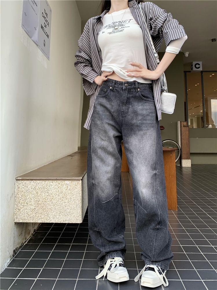 Bolgivy - Mid Waist Washed Baggy Jeans